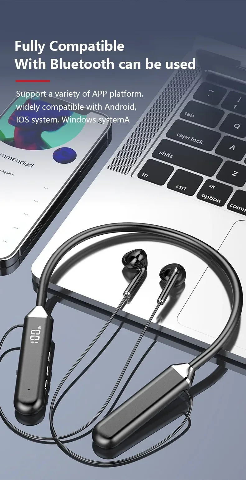 Wireless Neckband Headphones Bluetooth Earphones with LED Power Display High Sound Quality Stereo Waterproof In-ear Headset with Microphone