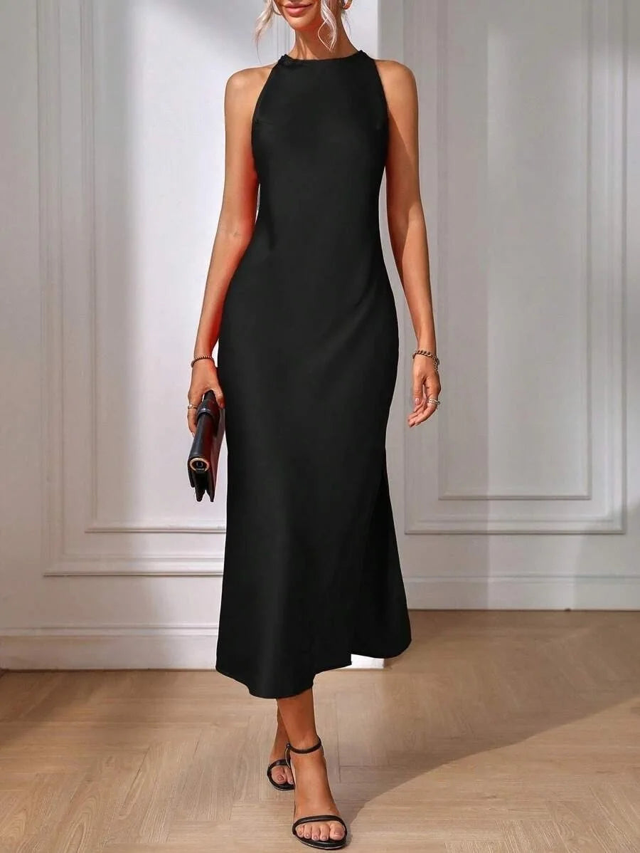 Women's Elegant Satin Sleeveless Midi Dress Solid Color O-Neck Slim Fit Fashion Ankle-Length Street Party Dress