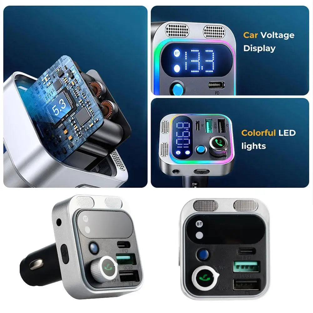 Bluetooth 5.0 FM Transmitter Car Adapter with AUX Bass Boost 3-Port Charger - Wireless Music Streaming Car Charger