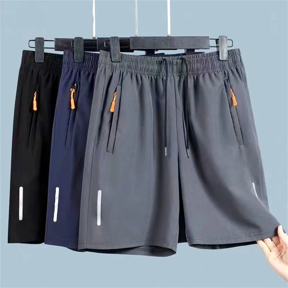 Men's Summer Thin Ice Silk Casual Shorts Quick Dry Loose Fit Elastic Waist Gym Sports Jogging Pants with Zipper