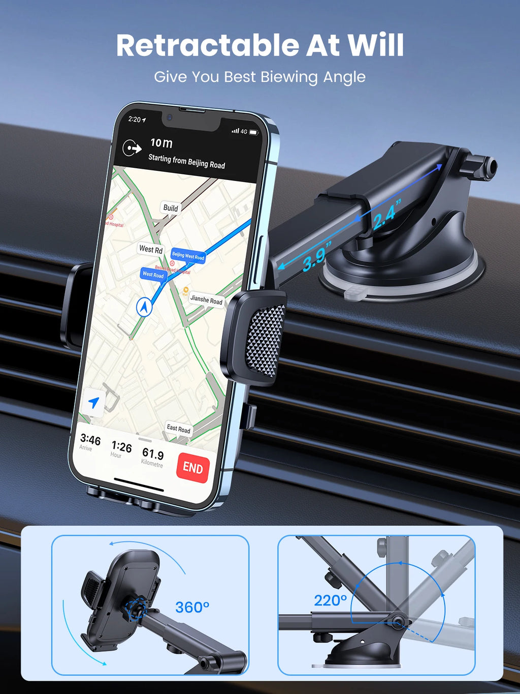 Universal Car Phone Holder Mount - Strong Suction Dashboard Stand for Smartphone Black Compact Size Eye-Catching Accessory