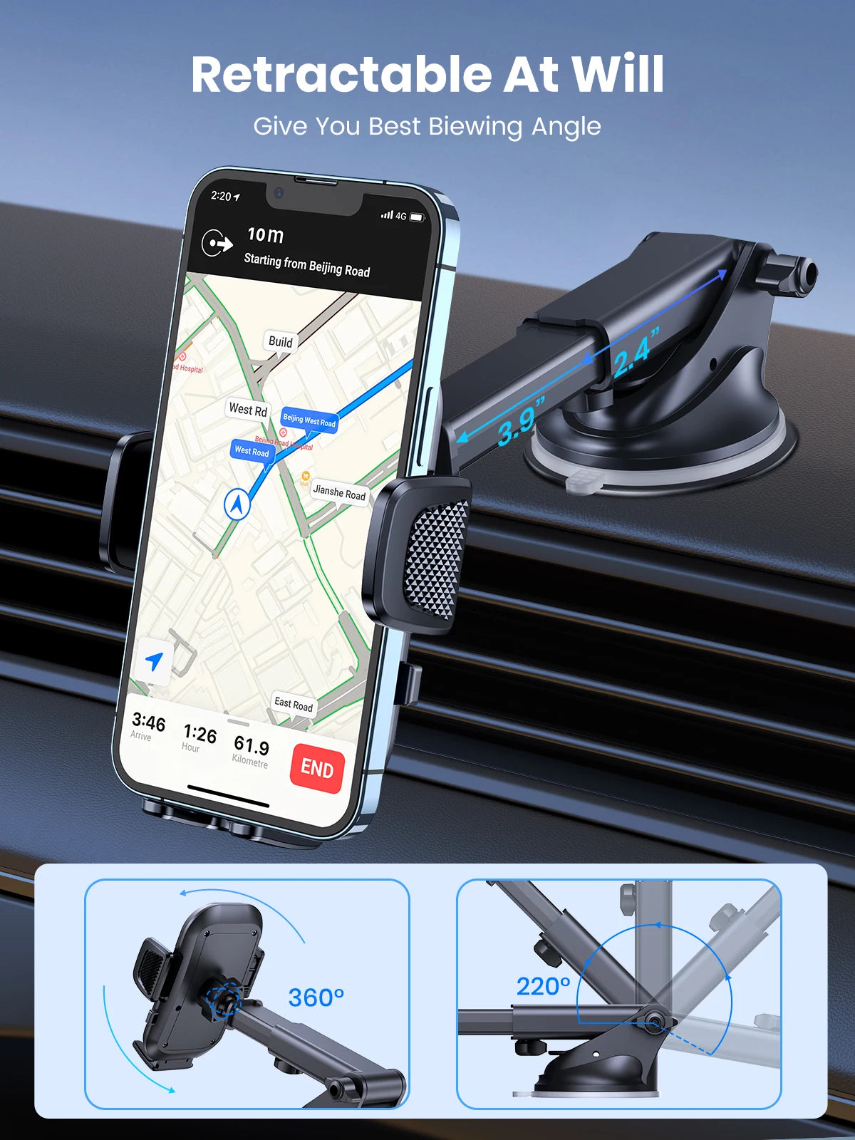 Universal Car Phone Holder Mount - Strong Suction Dashboard Stand for Smartphone Black Compact Size Eye-Catching Accessory