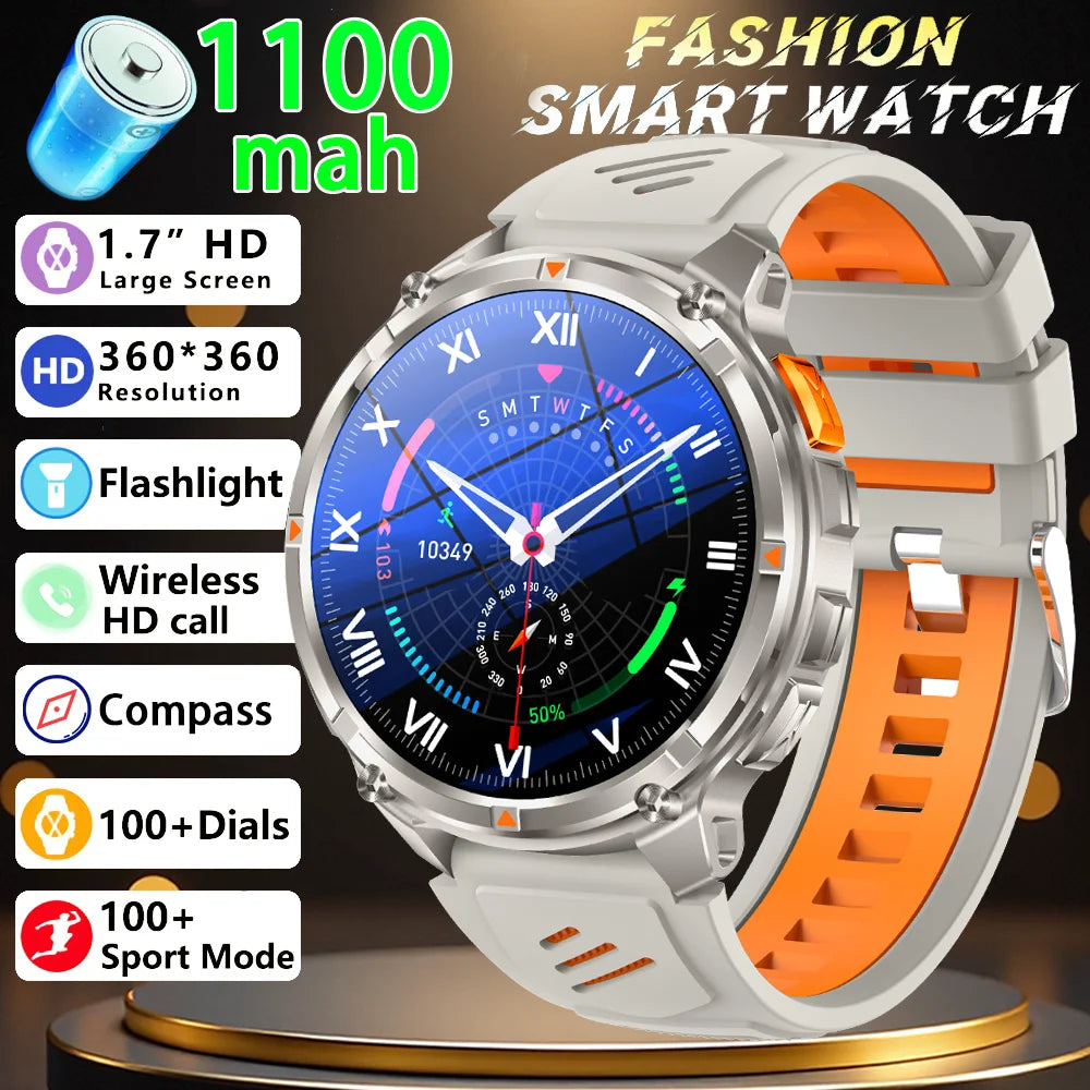 Men Smart Watch 1.7inch LED Flashlight HT33 BT Calling Outdoor Sports Compass Health Monitoring 1100mAh Large Battery Smartwatch