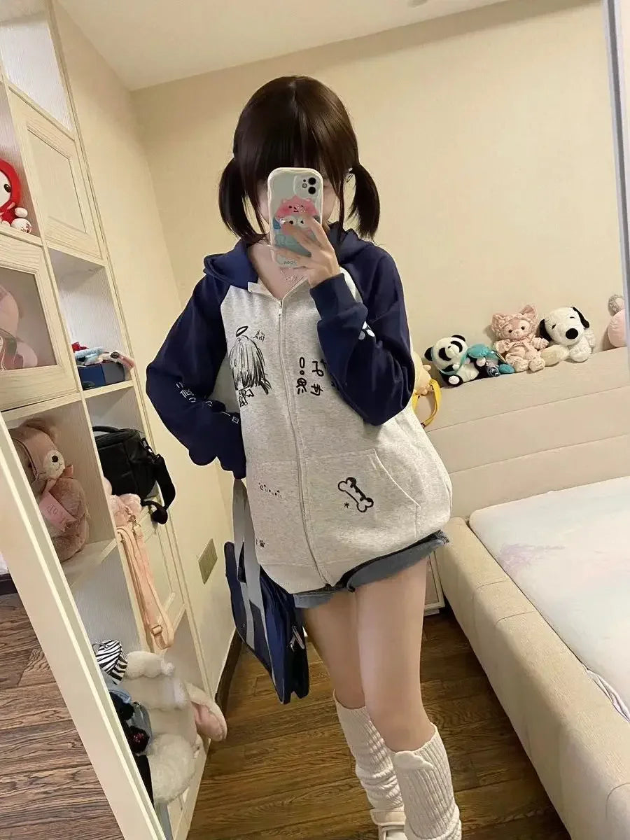 Autumn Japanese Kawaii Cute y2k Aesthetics Patchwork Sweatshirt women Cartoon Anime Print Harajuku Retro Streetwear Jacket Tops