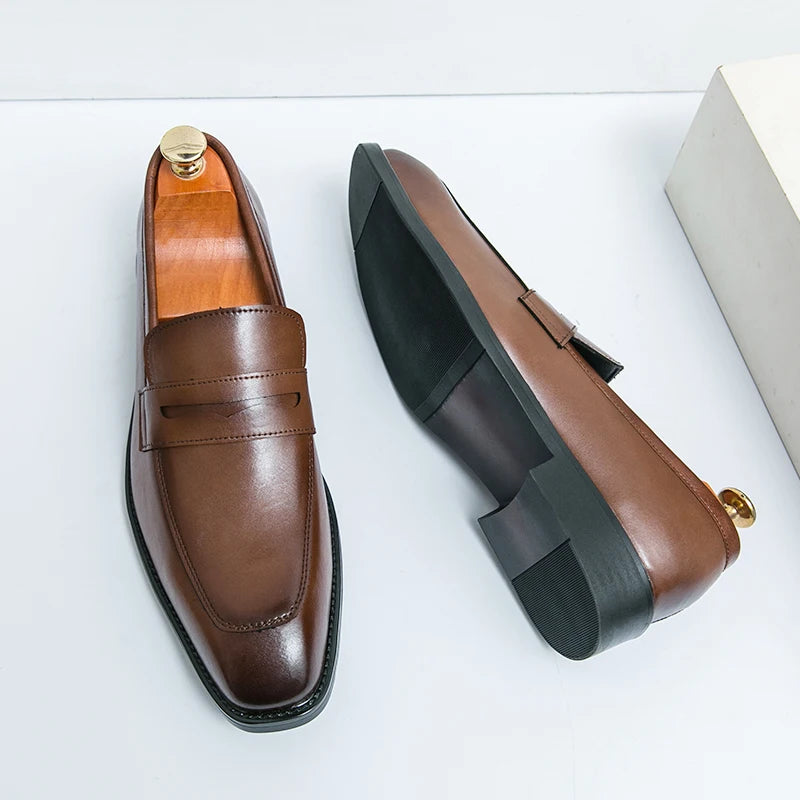 Fashion Penny Loafers Leather Men Shoes Simple Pointed Toe Slip On Dress Business Suit Casual Party Wedding Shoes For Man Brown