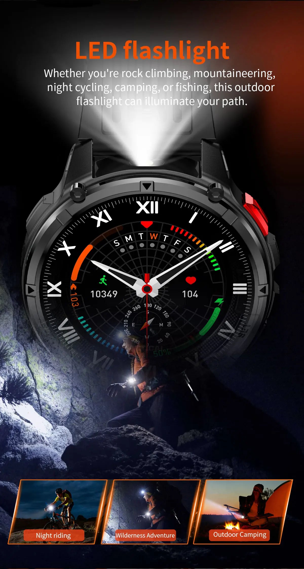 Men Smart Watch 1.7inch LED Flashlight HT33 BT Calling Outdoor Sports Compass Health Monitoring 1100mAh Large Battery Smartwatch
