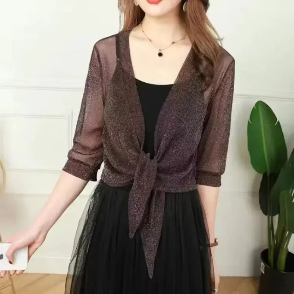 Women's Sparkling Lace-Up Cardigan Summer Sheer Cover Up Lightweight Loose Blouse Half Sleeve Beachwear Casual Glitter Jacket