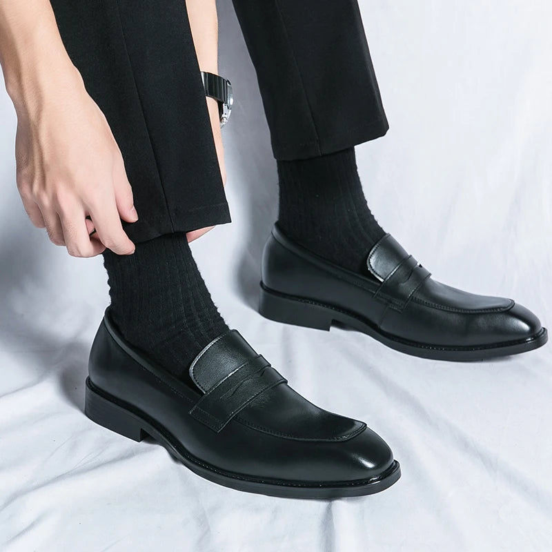 Fashion Penny Loafers Leather Men Shoes Simple Pointed Toe Slip On Dress Business Suit Casual Party Wedding Shoes For Man Brown