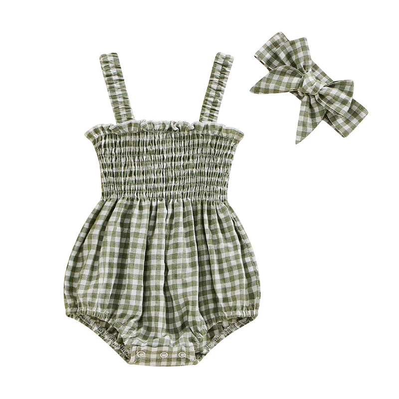 Infant Baby Girl Romper Clothes Ruched Casual Sleeveless Newborn Bodysuit with Headband Summer Jumpsuit Cute Toddler Outfit Suit