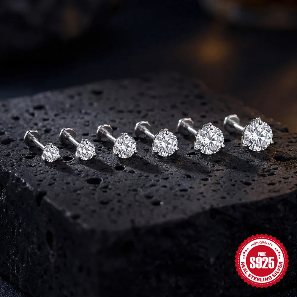 CANNER 1PC Classic Three Claws 0.03-1.2 Carat Sparkling D Color Moissanite Piercing Earring Women 925 Sterling Silver Earring