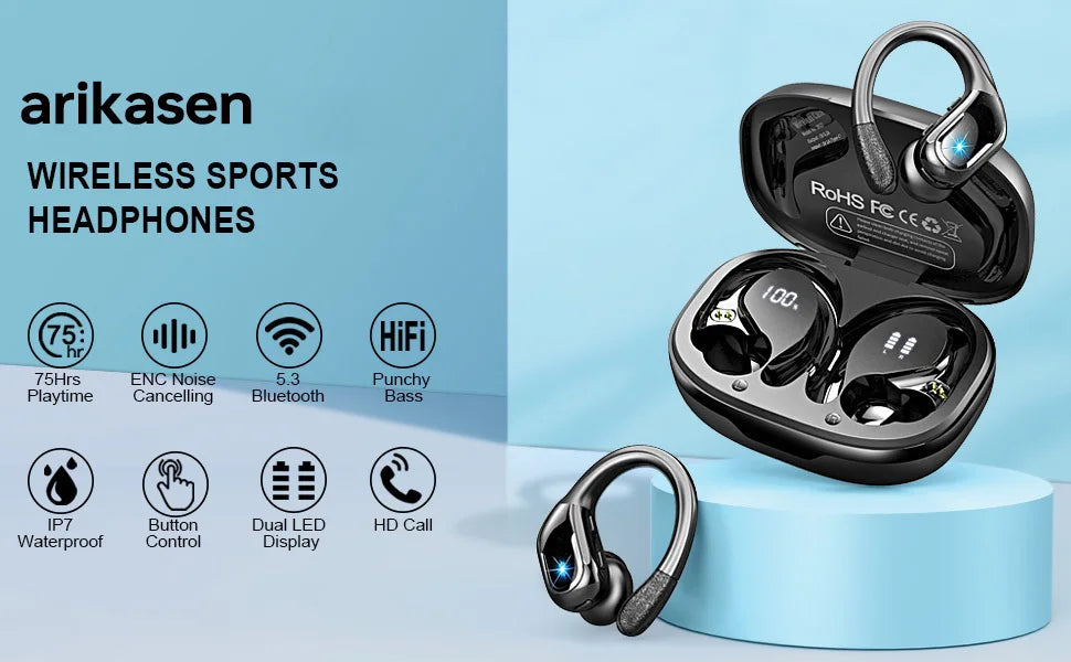Bluetooth 5.3 Earphones IP7 Waterproof Wireless Headphones ENC Noise Cancelling Mic Deep Bass for Sports Workout Gym TWS In-Ear