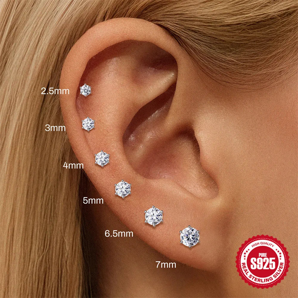 CANNER 1PC Classic Three Claws 0.03-1.2 Carat Sparkling D Color Moissanite Piercing Earring Women 925 Sterling Silver Earring