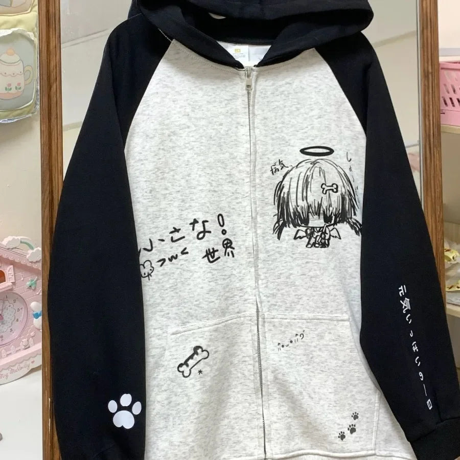 Autumn Japanese Kawaii Cute y2k Aesthetics Patchwork Sweatshirt women Cartoon Anime Print Harajuku Retro Streetwear Jacket Tops