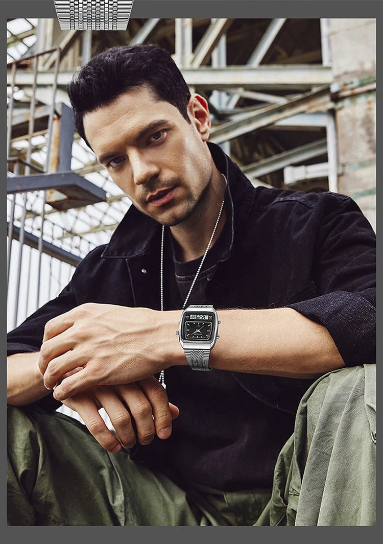 SANDA 3393 Men's Electronic Quartz Watch Fashion Multifunction Dual Display Clock Luminous Waterproof Casual Men Digital Watches