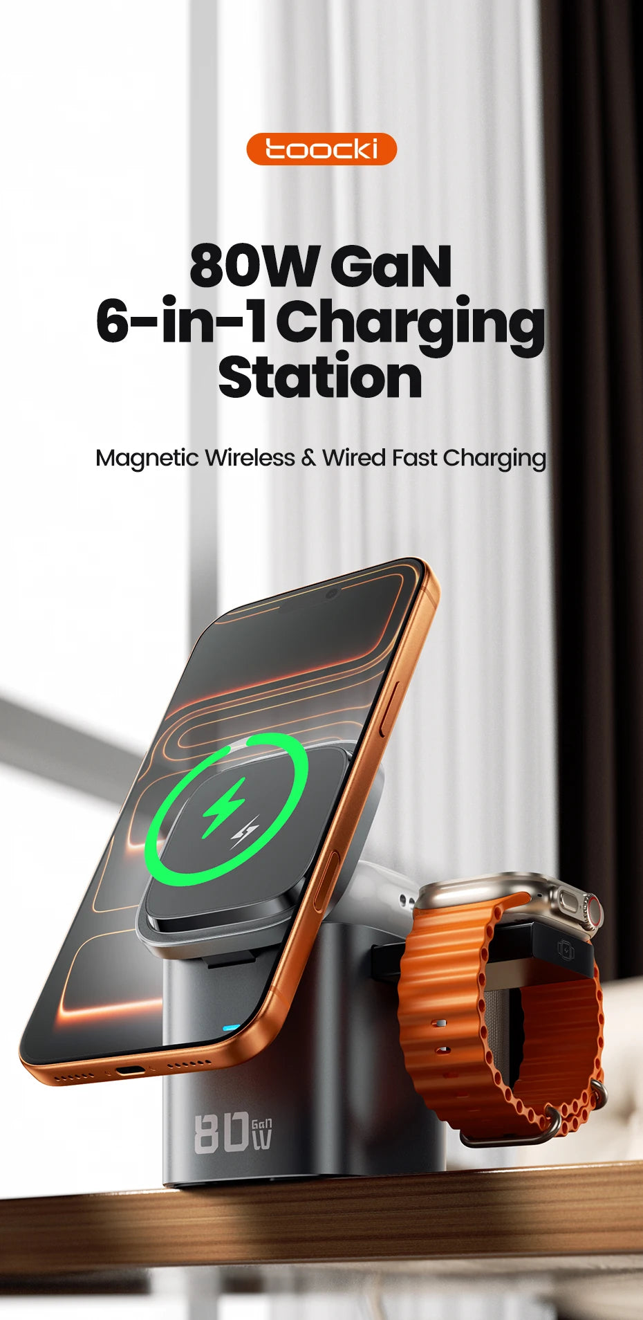 80W GaN Charging Station 6-in-1 Fast Wireless Charger for MacBook iPhone 17 16 - Retractable 65W PD Magsafe Compatible