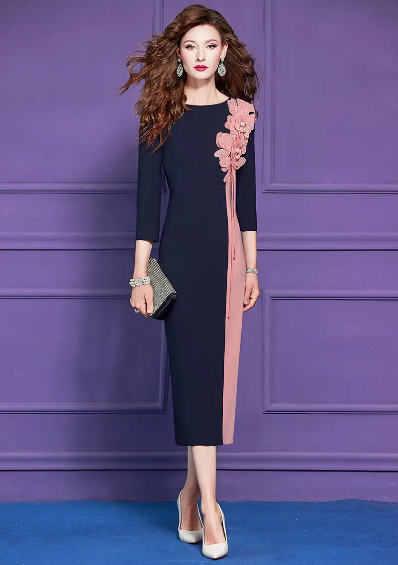 Women's 3D Floral Midi Dress Spring Fashion Pencil Style Casual Daily Three Quarter Sleeve O-Neck Elegantly Formal Party Wear