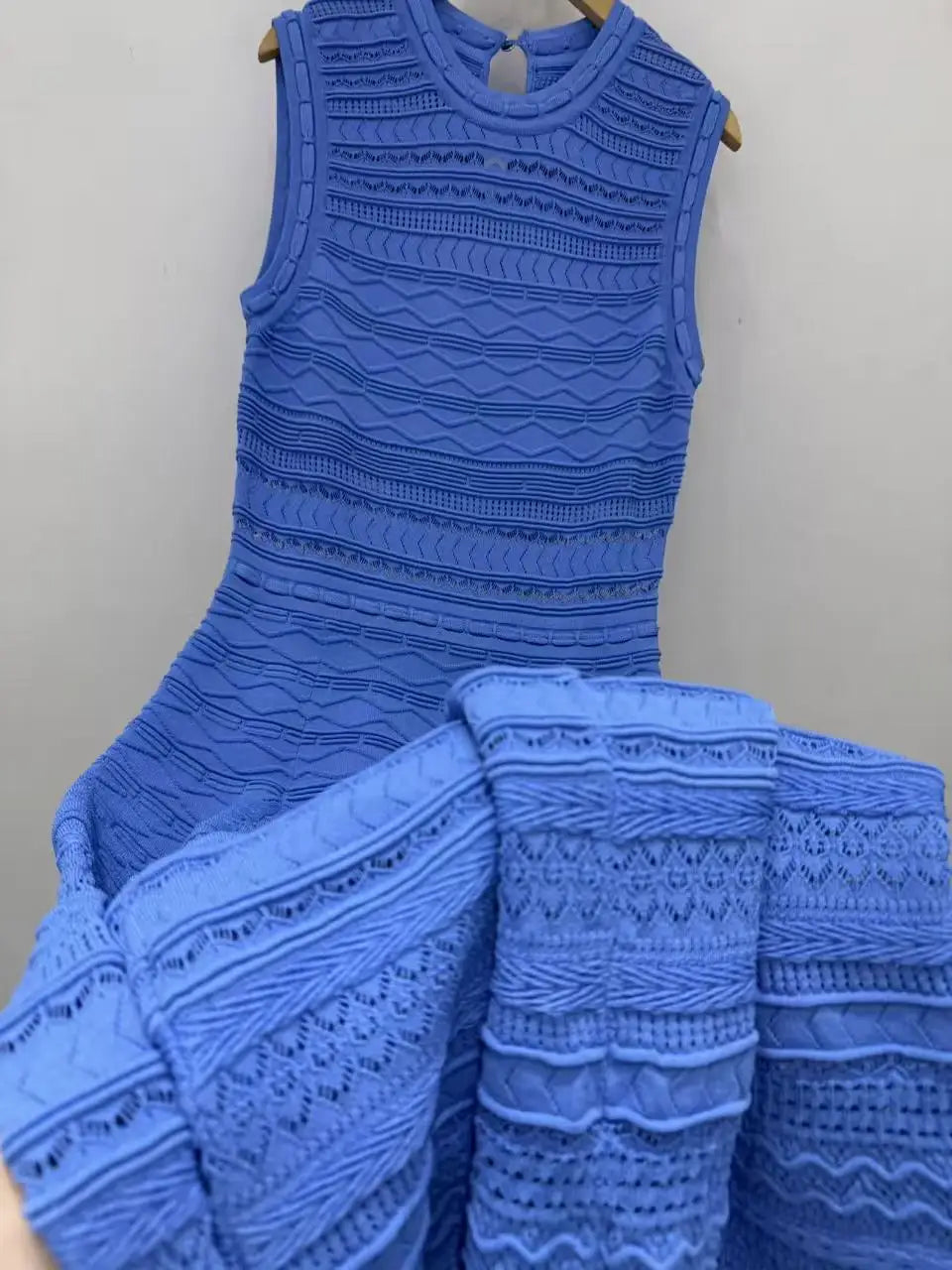 Women's Argyle Jacquard Knit Dress Sleeveless round Neck Midi Elegant Hollow out Lady A-Line Beach Style Spring New