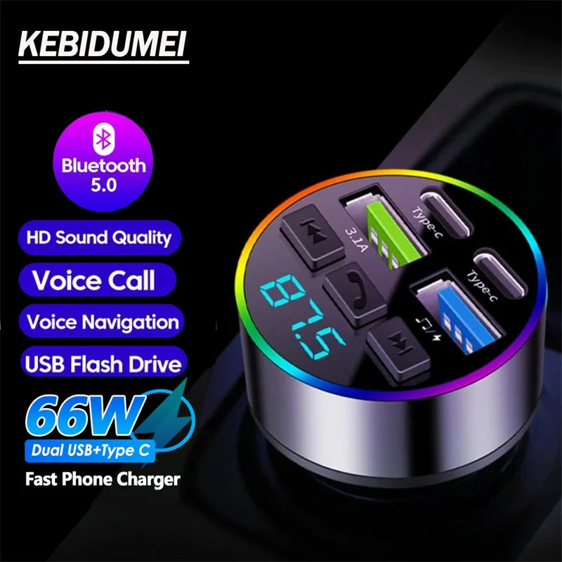 Bluetooth 5.0 FM Transmitter Car USB Quick Charge 4 Ports with Atmosphere Light Hands-Free Call And Music Input