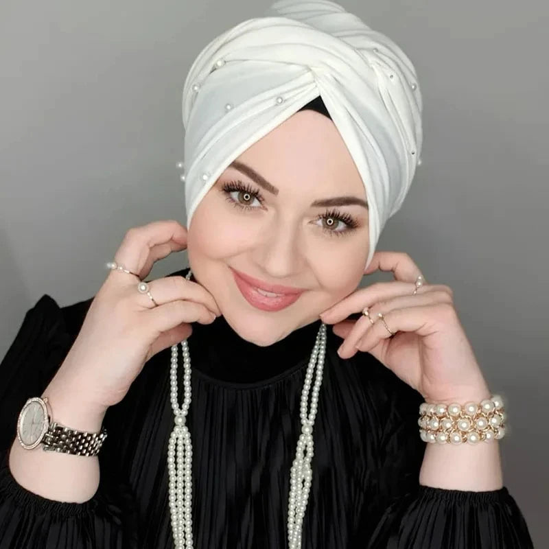 Plain Instant Turban Hat Solid Inner Hijabs Caps Women Pearl Decoration Head Wrap Headband