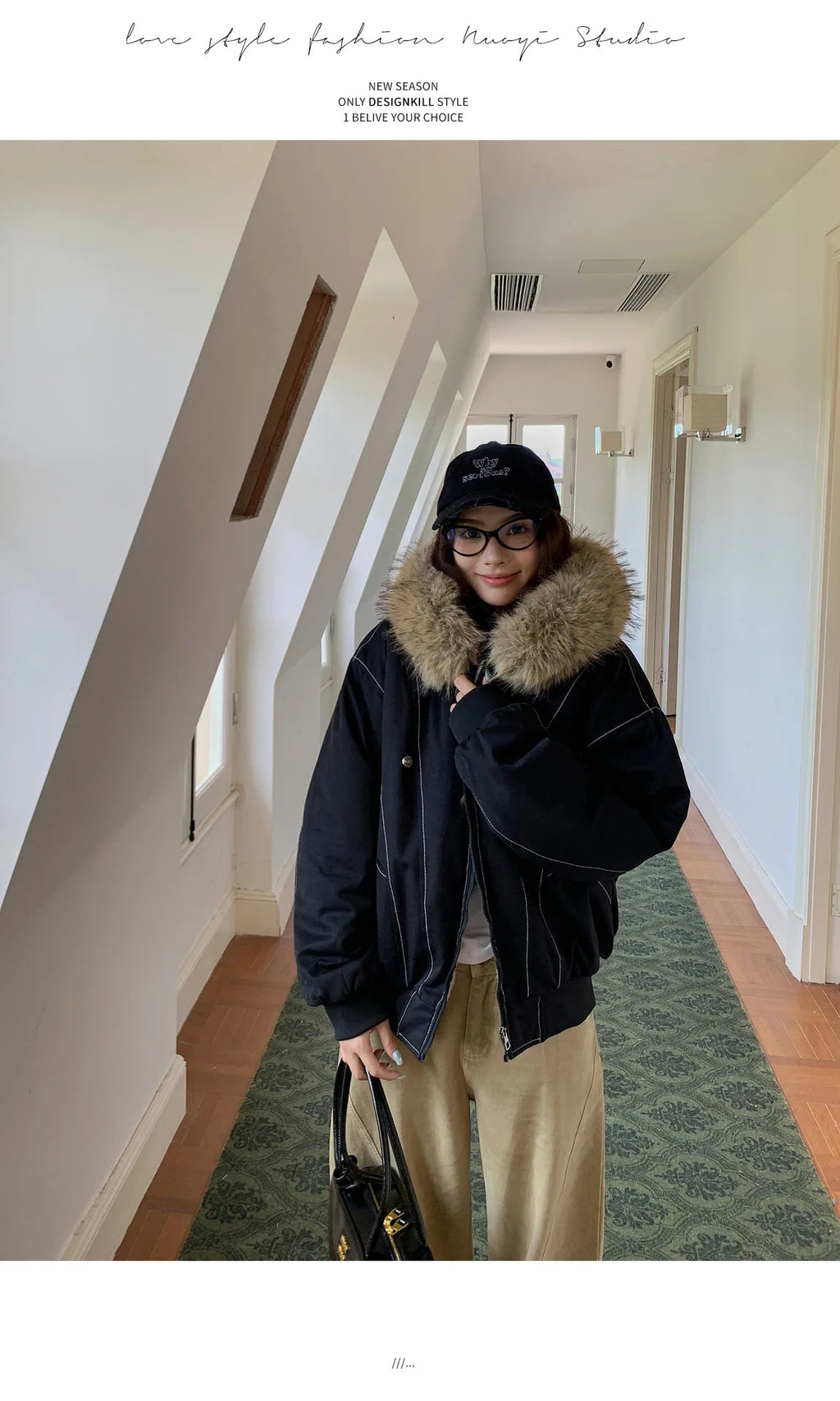 Women Short Parkas Coat Solid Jacket Big Fur Collar Hooded Zipper Pocket Long Sleeve Loose Casual Office Lady 2025 Autumn Winter