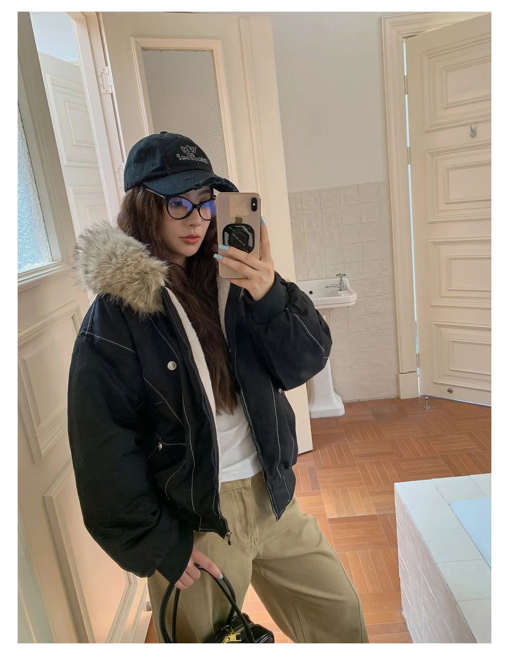 Women Short Parkas Coat Solid Jacket Big Fur Collar Hooded Zipper Pocket Long Sleeve Loose Casual Office Lady 2025 Autumn Winter