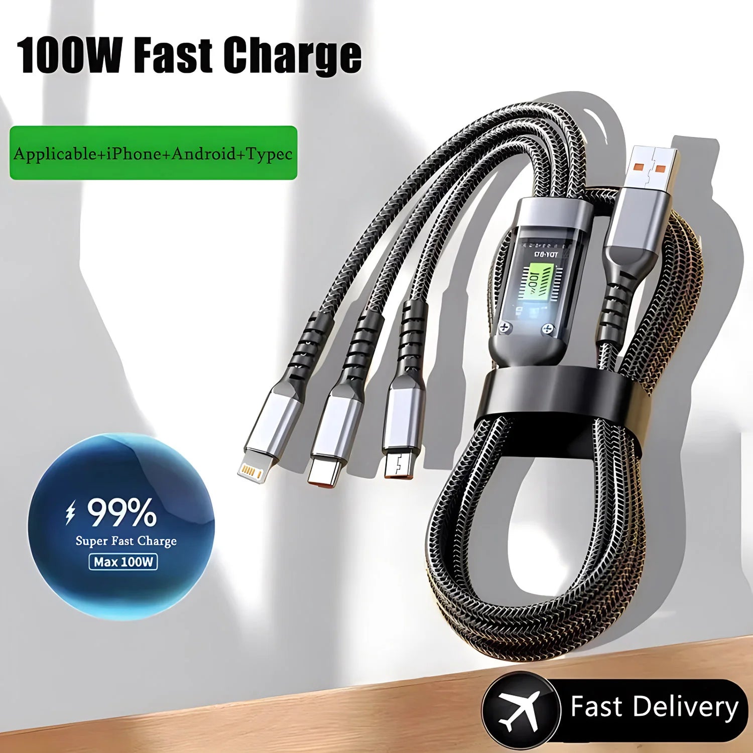 100W Fast Charging 3 in 1 Multi Charger Cable Nylon Braided USB-C Micro Universal Charging Cord with Type-C Micro Adapter