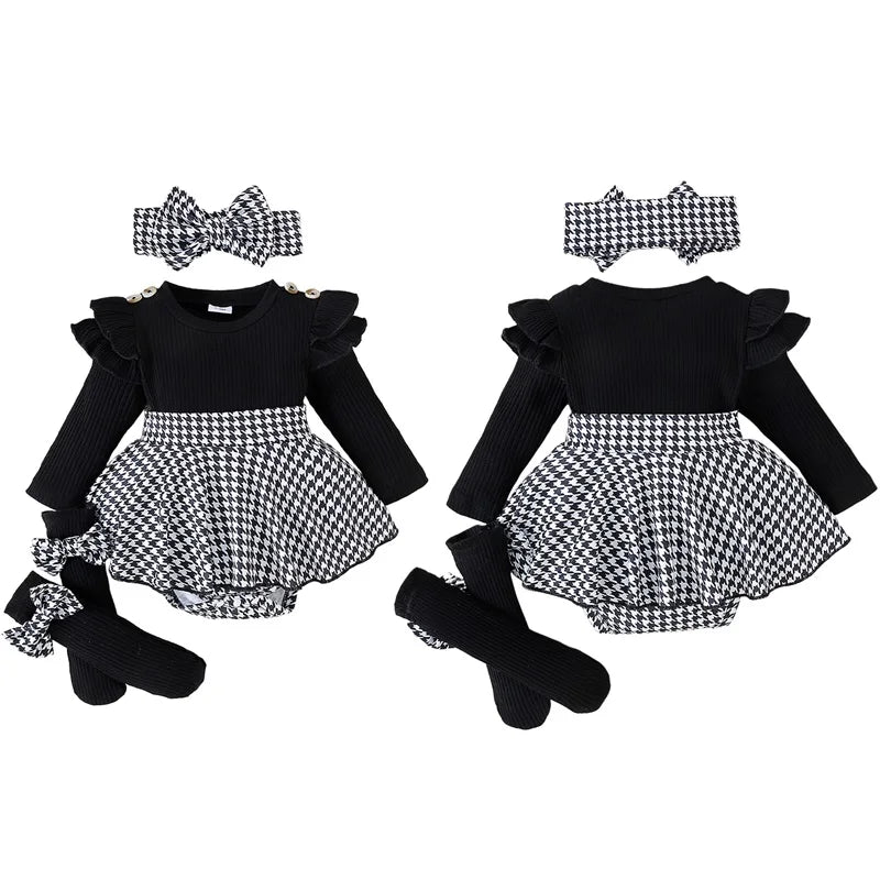 Baby Girl Spring Outfits Long Sleeve Houndstooth Print Romper Dress with Headband and Long Socks