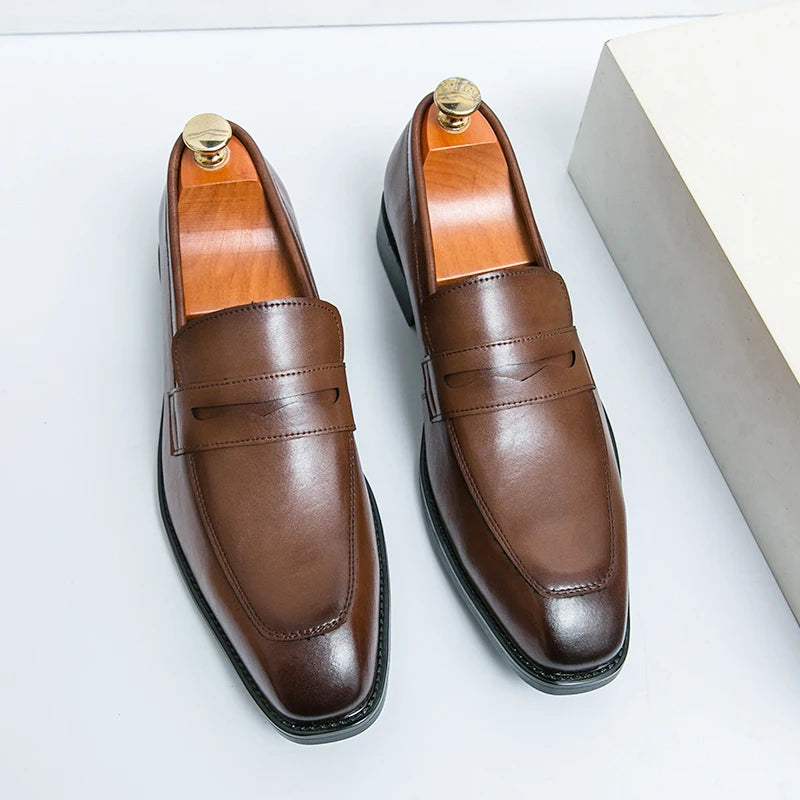 Fashion Penny Loafers Leather Men Shoes Simple Pointed Toe Slip On Dress Business Suit Casual Party Wedding Shoes For Man Brown