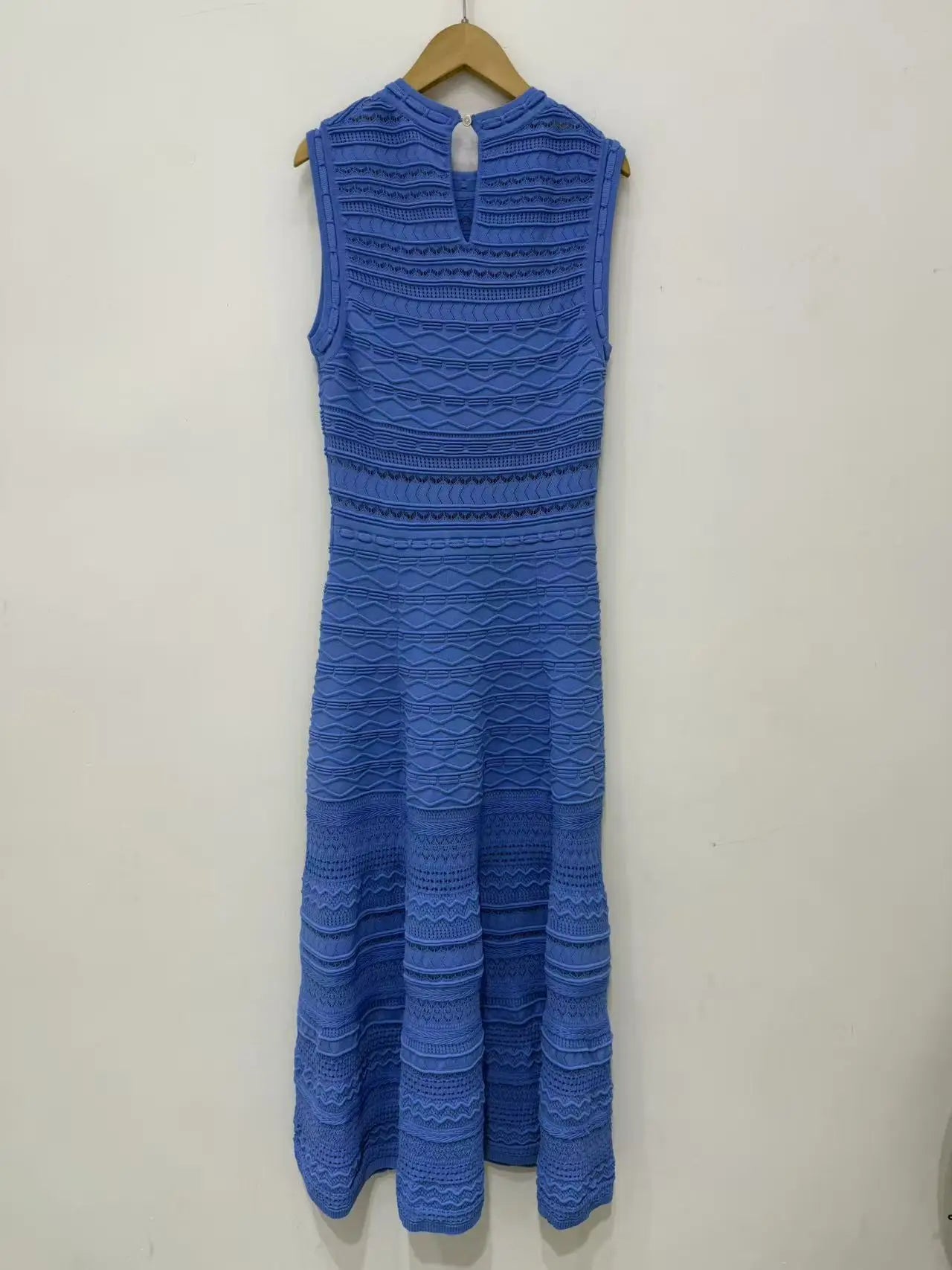 Women's Argyle Jacquard Knit Dress Sleeveless round Neck Midi Elegant Hollow out Lady A-Line Beach Style Spring New