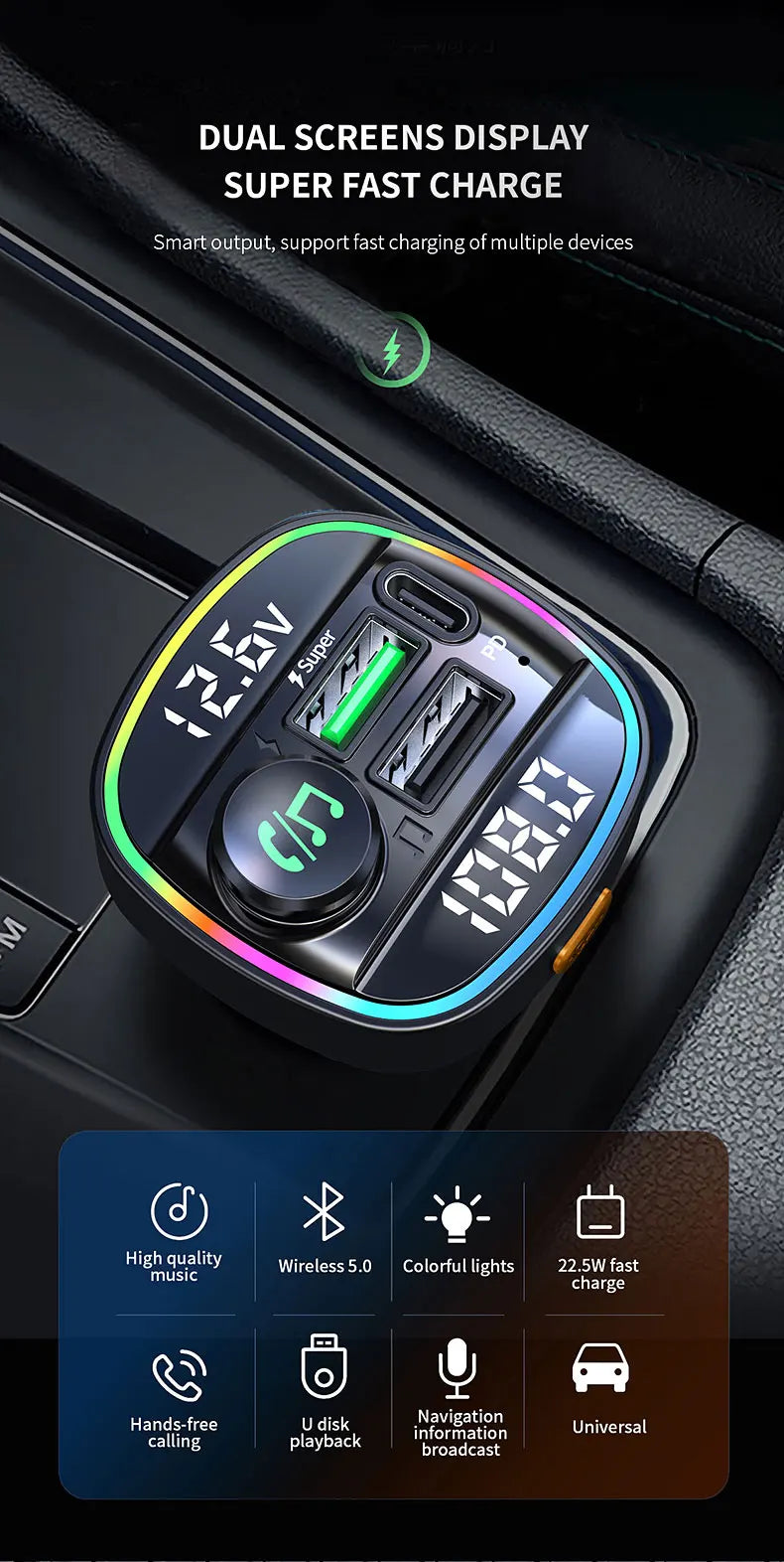 Bluetooth 5.0 FM Transmitter 22.5W USB Quick Charge Car Radio Modulator Handsfree MP3 Player with Car Adapter