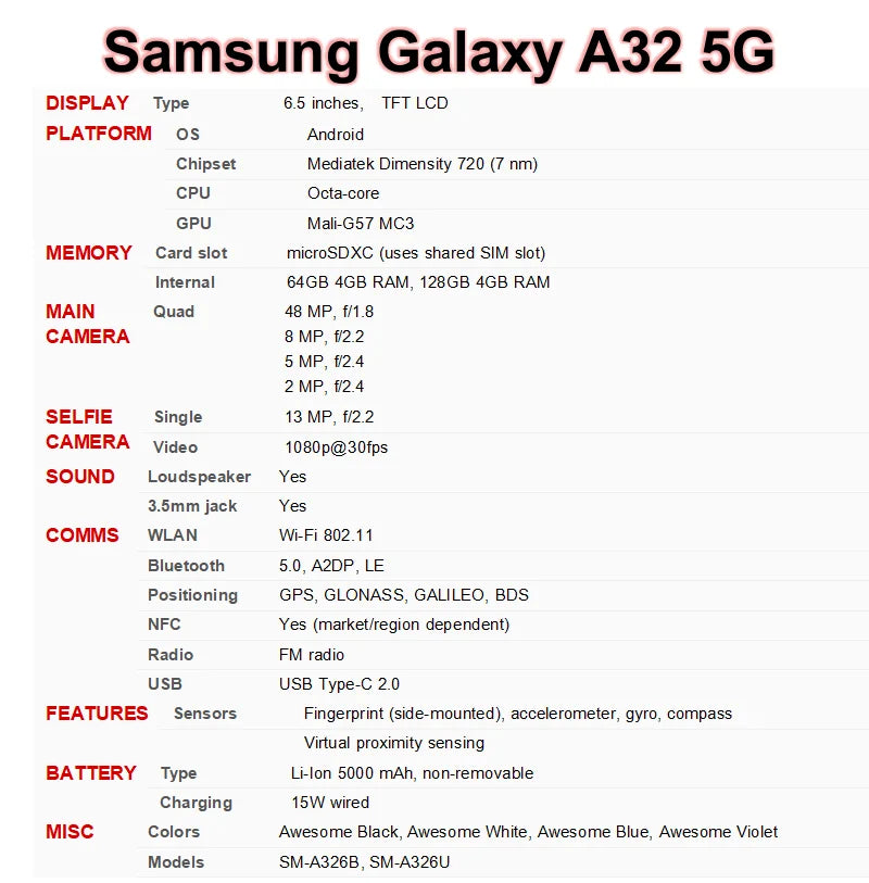 Original Samsung Galaxy A32 5G A326U1 1SIM A326B/DS 2Sim 6.5" LCD 64GB 128GB ROM Snapdragon Octa Core NFC Unlocked Mobile Phone