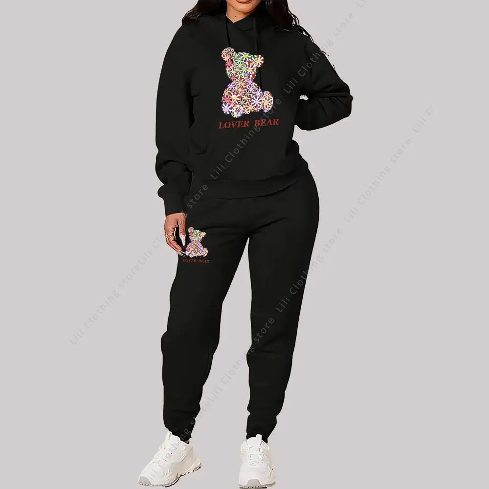 Women’s Hoodie and Sweatpants Set Casual Tracksuit Bear Graphic Outfit