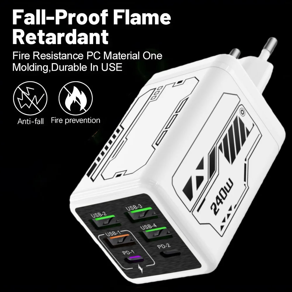 240W USB Type C Charger 6 Ports USB Super Fast Charging Mobile Phone Power Adapter USB3.0 EU/UK/US Plug For iPhone 17 16 Samsung