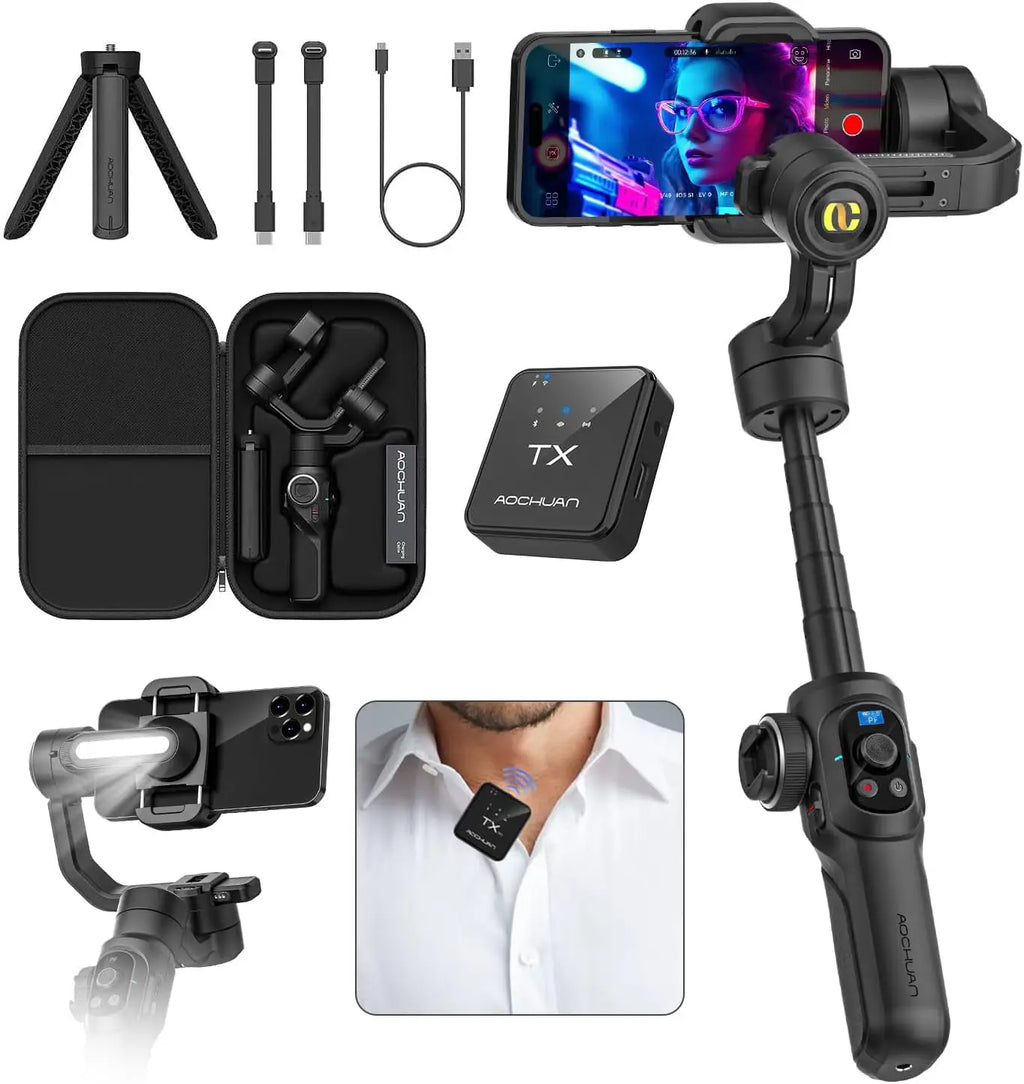Smartphone Gimbal Stabilizer with Wireless Mic, Built-in Light & Extension Rod for iPhone Android Video Recording