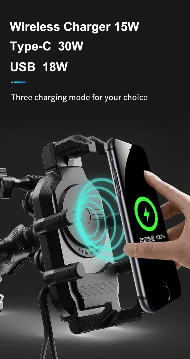 Motorcycle Phone Holder 15W Wireless Charger & 18W USB 30W Type C Fast Charging Motorbike Bicycle Bike Scooter Stand