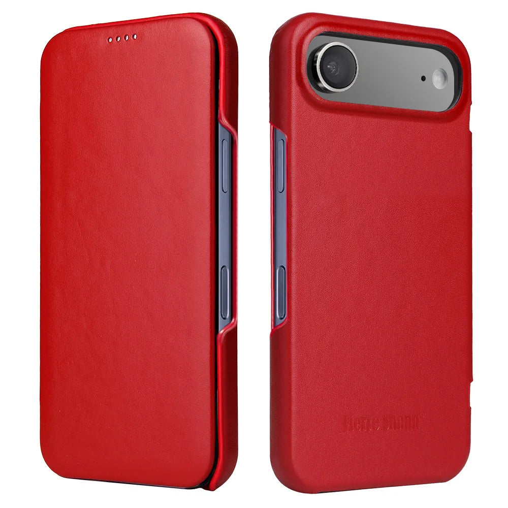 Premium Leather Flip Cover Mobile Phone Case For Apple iPhone 17 Pro Max Air iPhone17 Natural Cowhide Magnetic Button Open