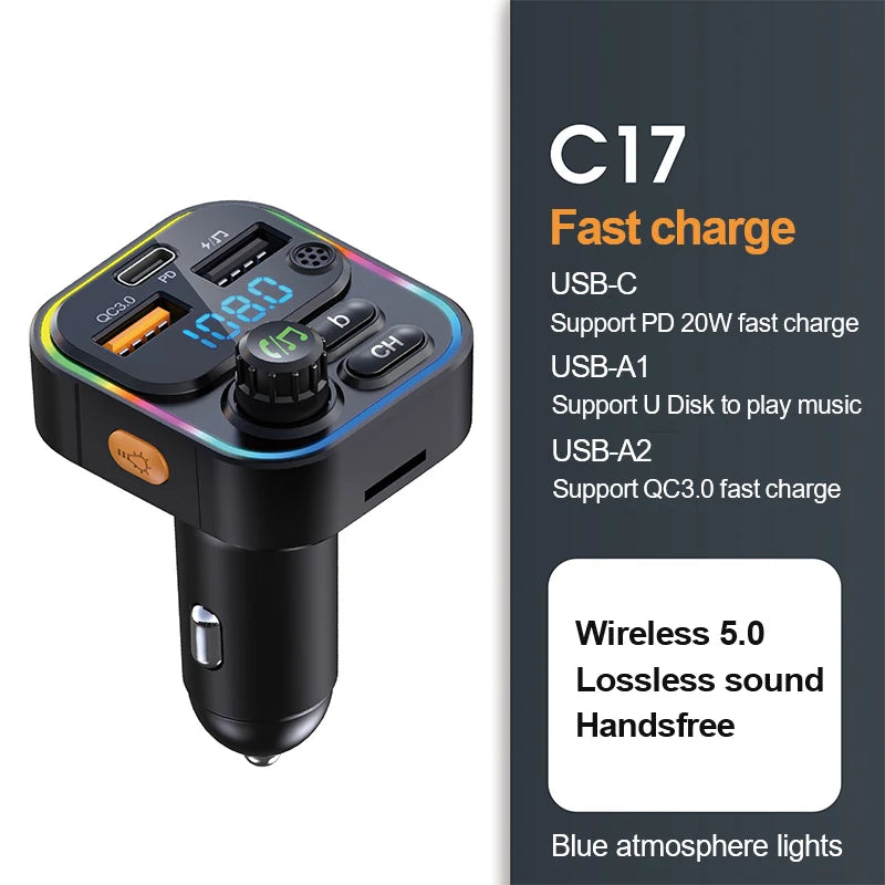 Bluetooth 5.0 FM Transmitter 22.5W USB Quick Charge Car Radio Modulator Handsfree MP3 Player with Car Adapter