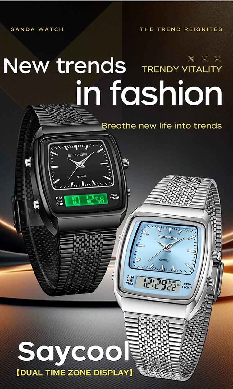 SANDA 3393 Men's Electronic Quartz Watch Fashion Multifunction Dual Display Clock Luminous Waterproof Casual Men Digital Watches