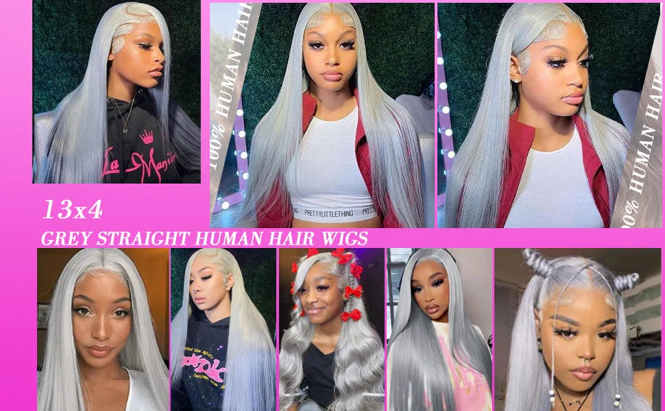 Silver Grey Straight Human Hair Wigs Brazilian 180% Density 13x6 HD Lace Frontal Colored Wig 36 Inch Pre Plucked With Baby Hairline For Women On Sale