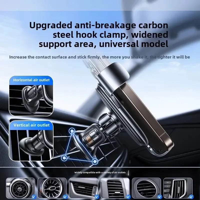 Fast Charge Wireless Car Charger with Manual Clamping Air Vent Mount for Samsung Android & iPhone 16 15 14 13 - Type C Qi Certified