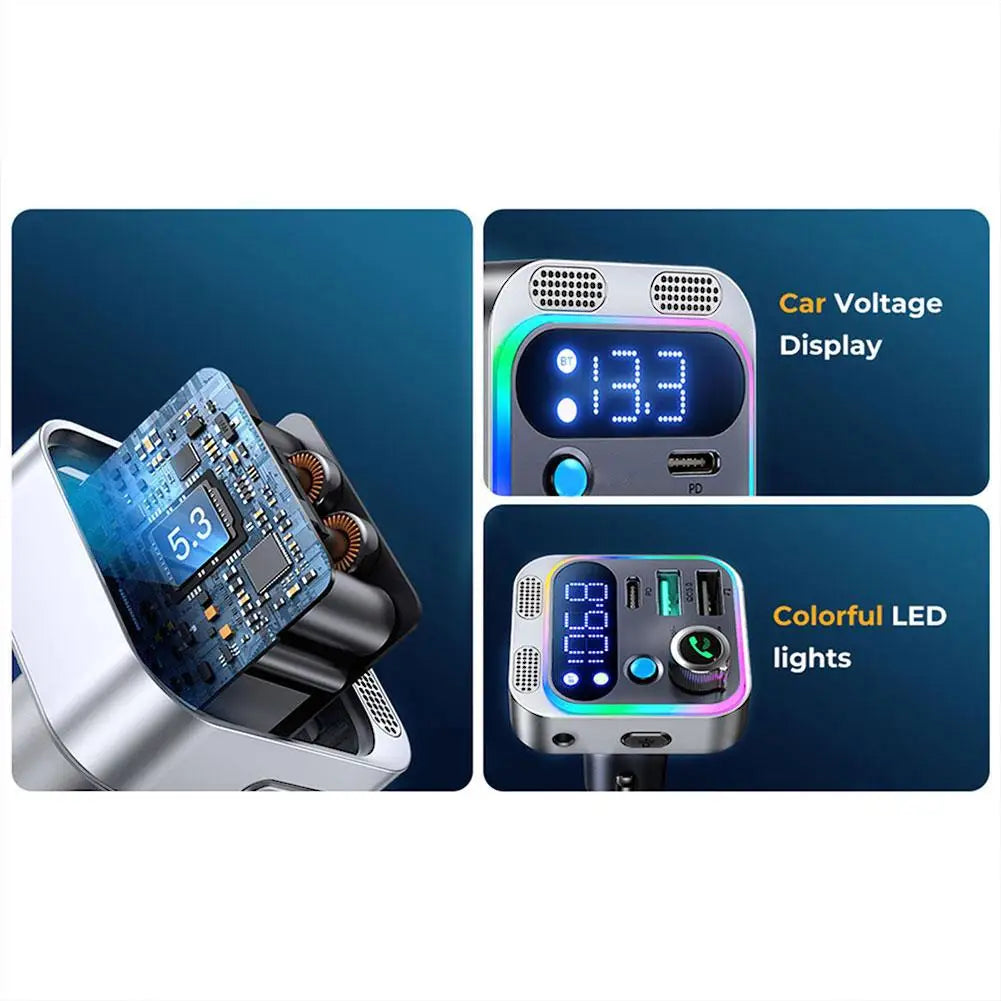 Bluetooth 5.0 FM Transmitter Car Adapter with AUX Bass Boost 3-Port Charger - Wireless Music Streaming Car Charger