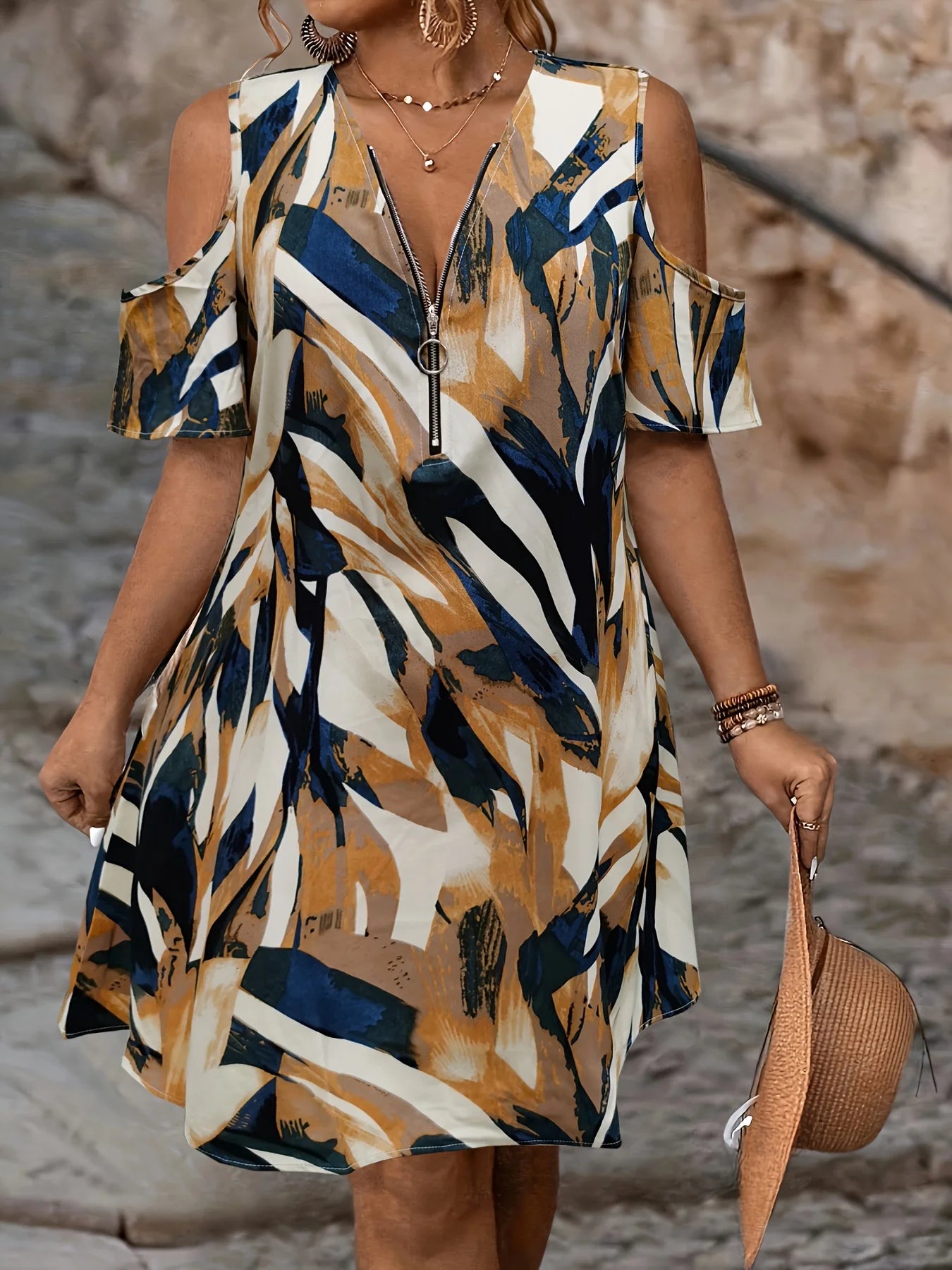 Elegant V-Neck Zipper Sleeveless Large Size Summer Dress for Women Casual Loose Floral Print One Piece Women's Summer Dress
