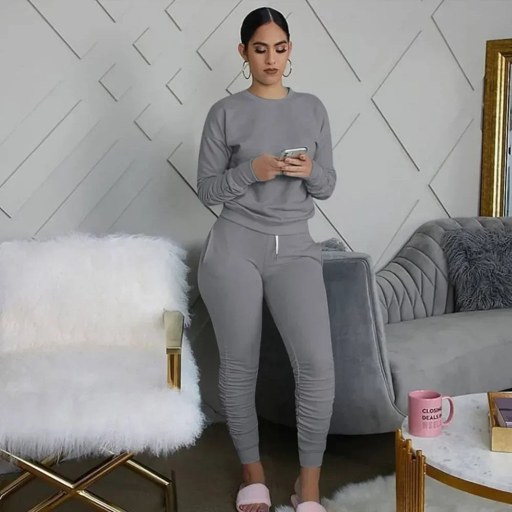 Women’s Slim Fit Long Sleeve Two Piece Set – Casual Warm Top & Elastic Waist Pants Outfit