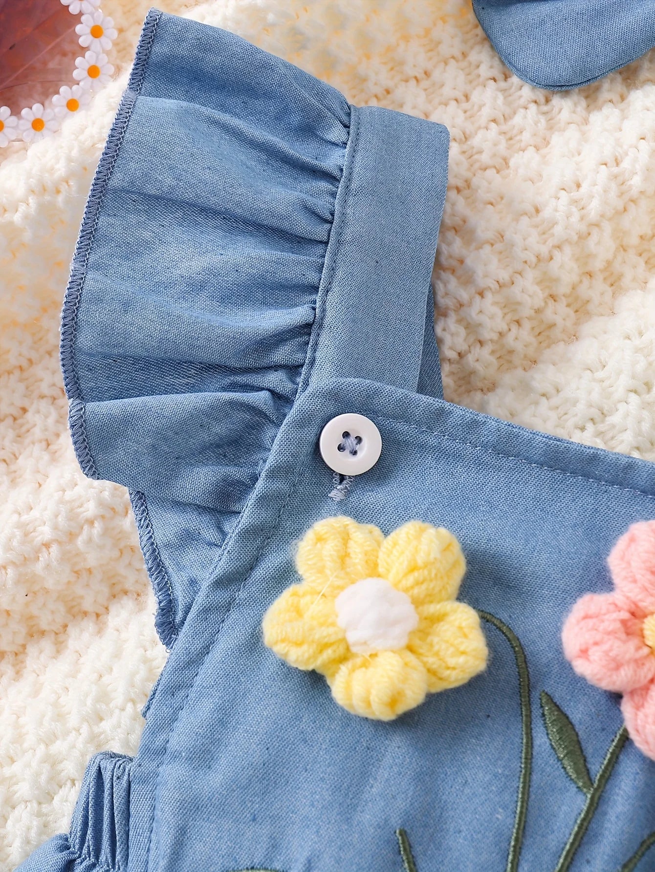 Baby Girl Soft Denim 3D Flower Embroidered Flutter Overall Romper + Bow Headband, Cute 2-Piece Outfit