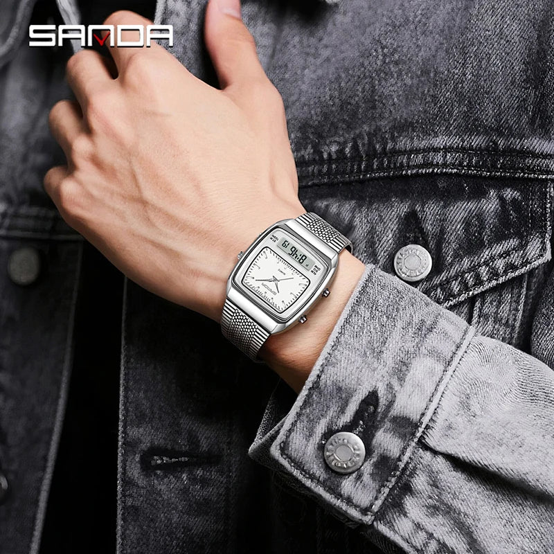 SANDA 3393 Men's Electronic Quartz Watch Fashion Multifunction Dual Display Clock Luminous Waterproof Casual Men Digital Watches