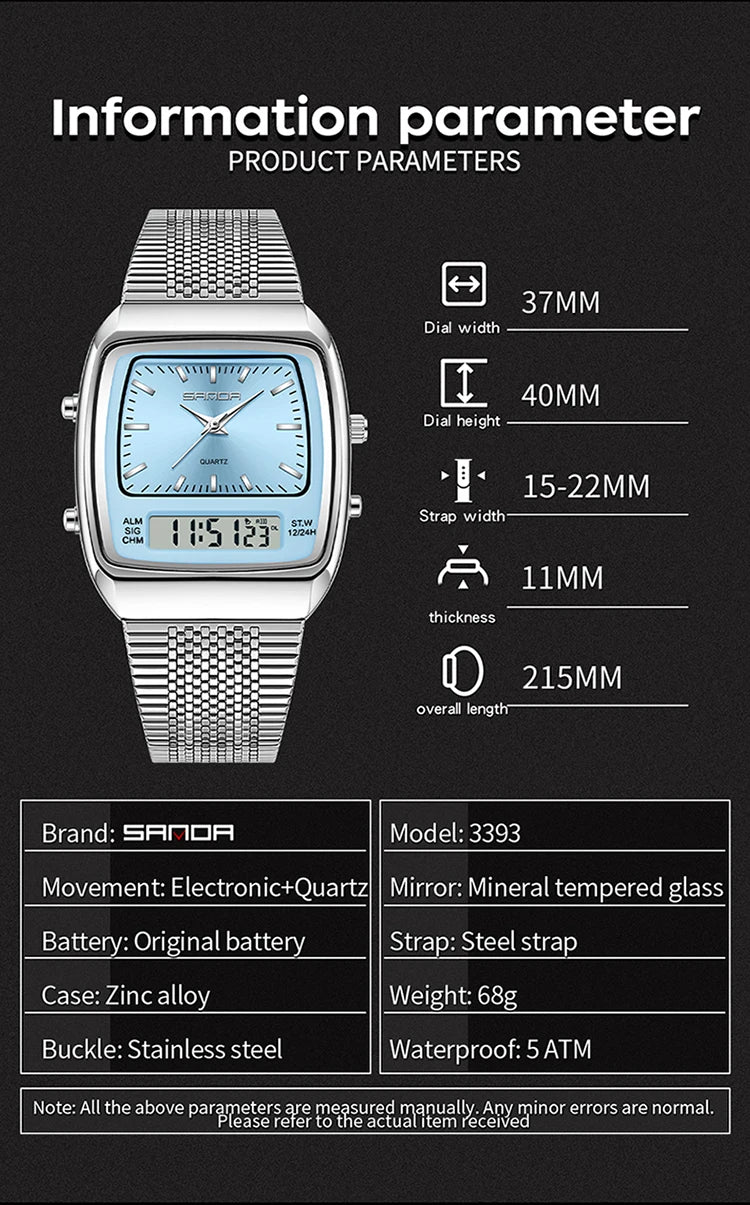 SANDA 3393 Men's Electronic Quartz Watch Fashion Multifunction Dual Display Clock Luminous Waterproof Casual Men Digital Watches