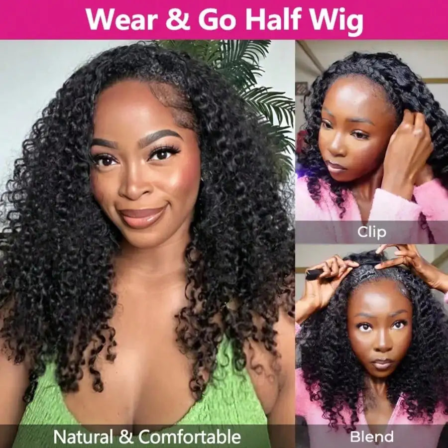 200 Density 3-In-1 Jerry Curly Half Wig Human Hair eamless Flip Over Half Wig Human Hair Glueless Wear And Go Drawstring HeadbW