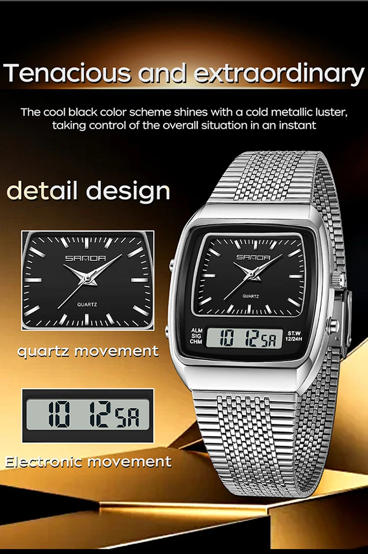 SANDA 3393 Men's Electronic Quartz Watch Fashion Multifunction Dual Display Clock Luminous Waterproof Casual Men Digital Watches