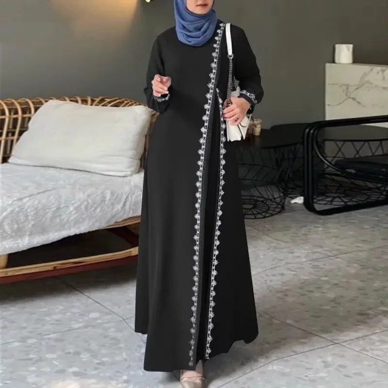 Women's Long Sleeve Lace Robe Muslim Bohemian Style Polyester Abaya Casual Ramadan Spring Vest for Adults Middle Age