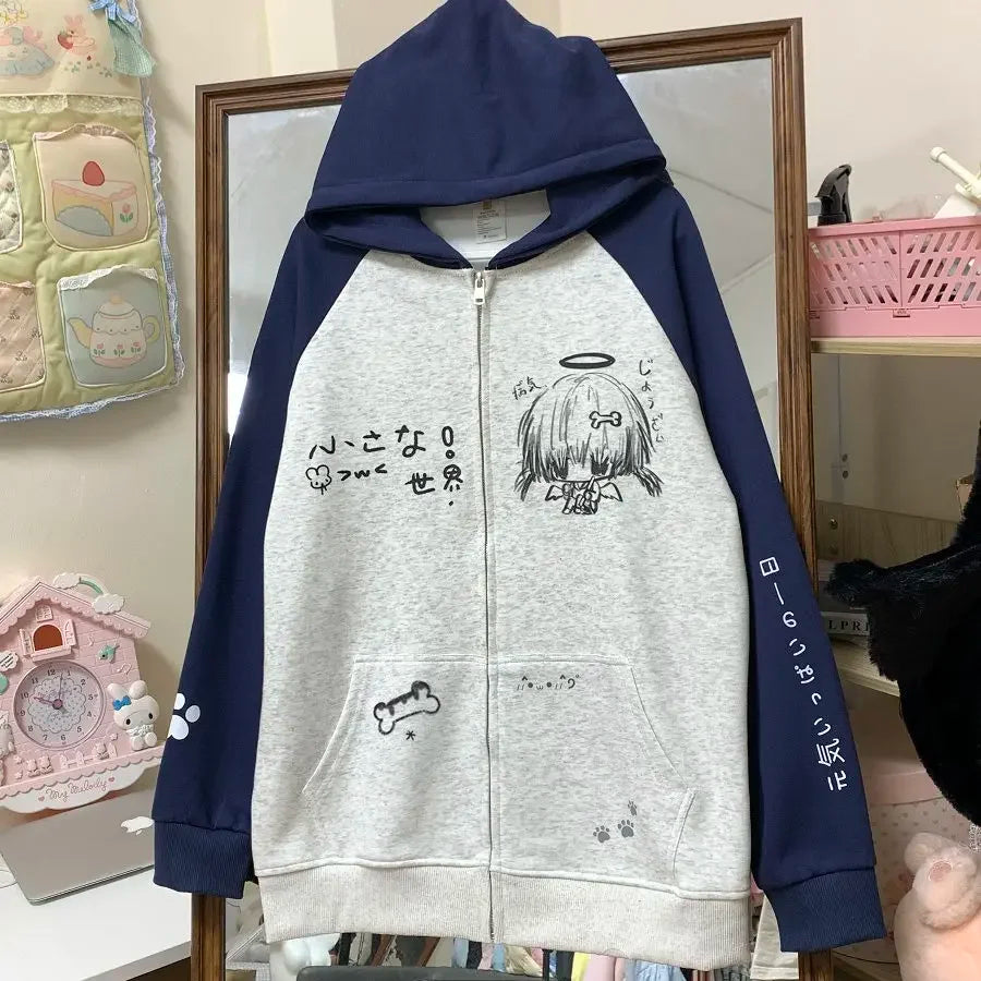 Autumn Japanese Kawaii Cute y2k Aesthetics Patchwork Sweatshirt women Cartoon Anime Print Harajuku Retro Streetwear Jacket Tops